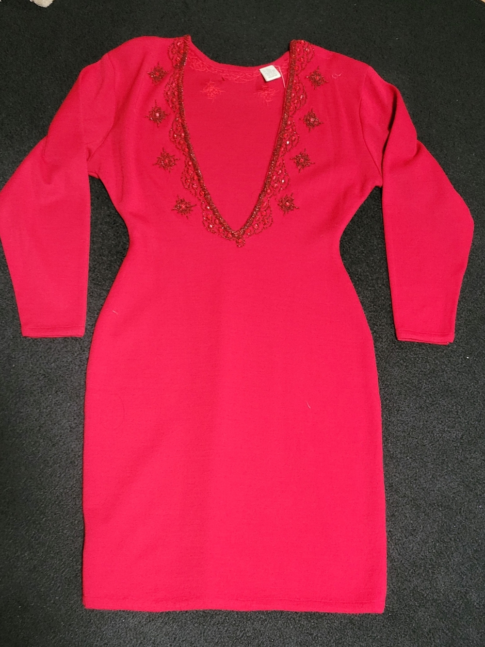 Women’s Red V-Neck Beaded Knit Dress